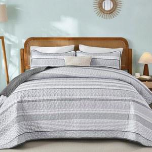딘츠야유에 퀸 사이즈 그레이 화이트, 침대용 보호 스트라이프 침대 스프레드 침구 3종, 부드러운 경량 마이크로파이버 보헤미안 커버렛 세트, 베개 커버 2개 포함 사계절용 퀼트용