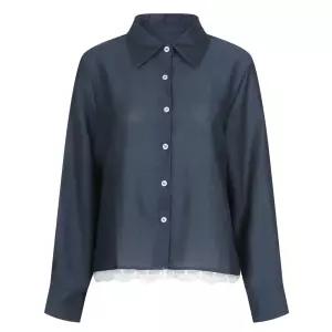 여성 카라넥 밑단 레이스 심플 시스루 블라우스 NARU-WBL-21183-네이비