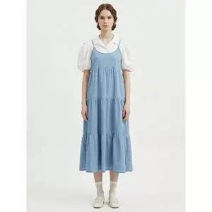 [하프클럽/샵앤]여성 끈나시 3단 캉캉 데님 청 롱원피스 MSE-WDR-21185-연청