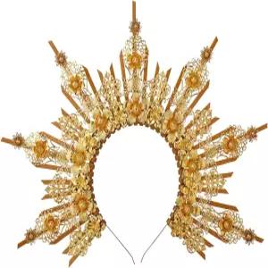 골드 스파이크 헤일로 크라운 헤드피스 나일론 케이블 타이 웨딩 신부 티아라 여신 머리띠 파티 소품