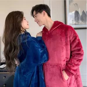 커플 수면 잠옷 극세사 입는 담요 겨울 홈웨어 후드형 실내 방한복