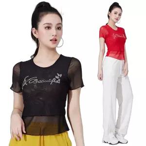 시스루 반팔 라운드넥 라인댄스 여름 여성 상의 댄스복