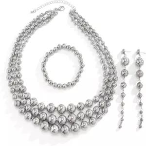 YBMYCM 금도금 구슬 장신구 세트 청키 멀티 스트랜드 초커 목걸이 팔찌 귀걸이 여성용