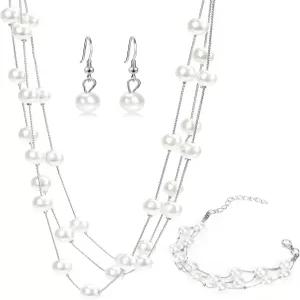 드루티 레이어드 진주 목걸이 귀걸이 팔찌 세트 멀티 스트랜드 브라이덜 초커 화이트 결혼식 파티