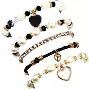핑용창 보헤미안 스태커블 비즈 여성용 세트 다색 스트레치 인조 진주 하트 크리스탈 뱅글스 다층 수제