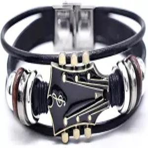 디바글램즈 남성용 레트로 기타 가죽 팔찌 3종 세트 수제 브레이드 아연 합금 록 음악 다층 랩 독특한 펑크
