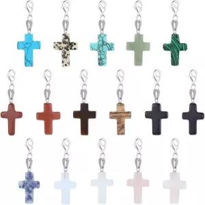 PH PandaHall 16PCS 크로스 스톤 참 클립온 펜던트 차크라 쿼츠 보석 이스터 이드 무바라크 목걸이 귀걸이