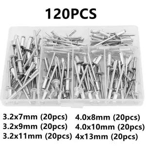 120pcs 알루미늄 합금 블라인드 리벳 세트 팝 리벳 모듬 키트 가구 모듬 돔 헤드 블라인드 너트 도구 M3.2