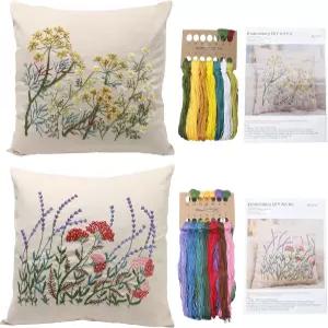 라벤더 자수 쿠션 커버 2세트 초보자용 프랑스 키트 실 바늘 포함 꽃 패턴 십자수 소품 만들기 캔버스