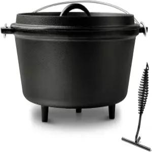 블링코 8QT 프리시즌 주철 캠프 더치 오븐 뚜껑 포함 대형 캠핑 냄비 삼각대 스탠드 터 - 듀얼 핸들 야외