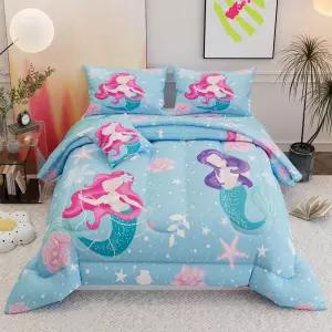 나목스파 6피스 메모메이드 이불 세트 해바라기와 인어가 들어간 블루 패턴 있는 장식용 침구 플랫 시트