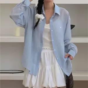 [문에이블]문에이블 여자 여성 봄 여름 시원한 스트라이프 루즈핏 쉬폰 시스루 데일리룩 남방 셔츠