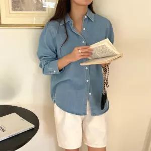 [문에이블]문에이블 여자 여성 봄 가을 아우터 베이직 데일리룩 루즈핏 스티치 데님 청 남방 셔츠