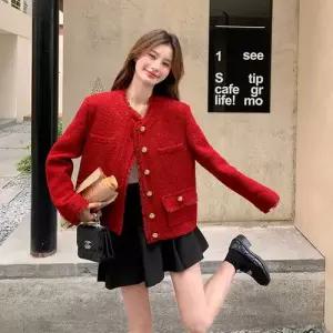 여성 하프 레드 트렌디 라이트 아이템 코트 트위드 트리밍 럭셔리 HT3