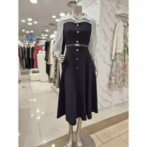 [하프클럽/미니멈]미니멈 세이브존01 블라우스 배색 플레어 원피스 M1BGWO3930