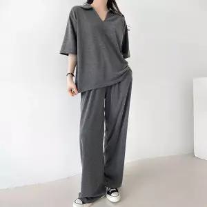 [문에이블]문에이블 여자 여성 여름 루즈핏 데일리 스판 카라 반팔 밴딩 와이드 팬츠 편한 투피스 세트