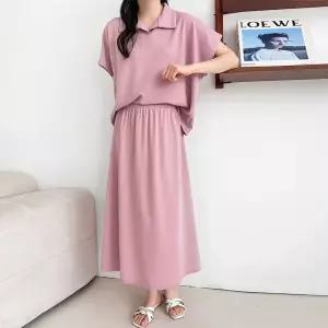 [문에이블]문에이블 여자 여성 여름 루즈핏 데일리 스판 반팔 카라 티 밴딩 스커트 투피스 세트