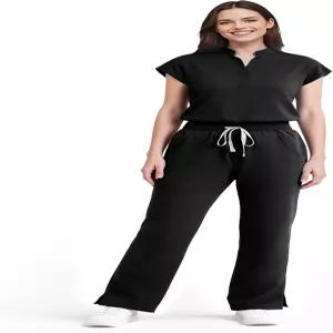 여성용 Dvoliaw 스크럽 세트 부드러운 민소매 스탠드업 칼라 탑 스트레이트 레그 팬츠 포켓 9개 요가