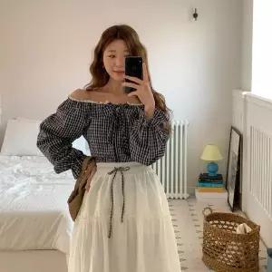 [하프클럽/]여성 SS 롱슬리브 빅사이즈 볼드숄더 격자 셔츠