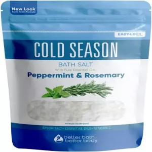 콜드 시즌 배스 솔트 32온스 2파운드 USP 등급의 엡섬 천연 로즈마리와 페퍼민트 순수 에센셜 오일과