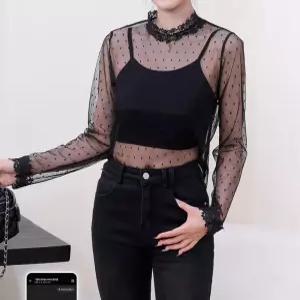 여성 시스루 레이스 반목 도트 블라우스 레이어드 이너티