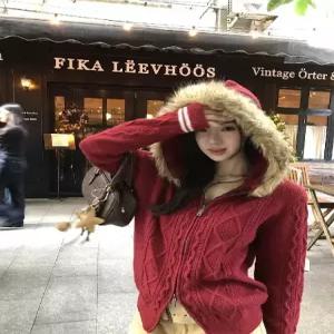 솔저스빨강 여사친 니트 퍼 스웨터 넥 바다 장미 후드 카디건 새해맞이 OPH1