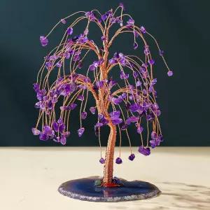 구리선으로 수제화한 런양시 자연 자수정 생명나무 - 7-8인치 힐링 크리스탈 보석 버드나무 지오데 가정