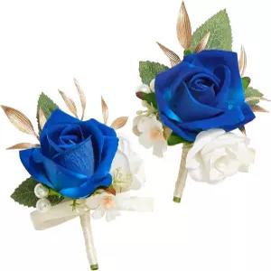 결혼식을 위한 알레코노 부토니에르 2종 세트 신랑 신부를 네이비 블루 코사지 졸업식 기념 인공 꽃