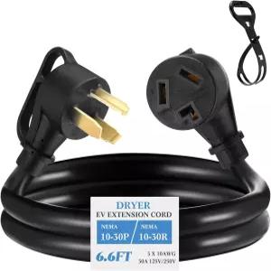 카나유 6.6피트 3기통 건조기/EV 연장 코드 30암페어 NEMA 10-30P에서 10-30R까지 호환되며 레벨 2 충전 및