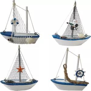 TIHOOD 4PCS 미니 요트 모델 장식 나무 미니어처 홈 데코 세트 비치 해리 디자인 네이비 블루 앤 화이트