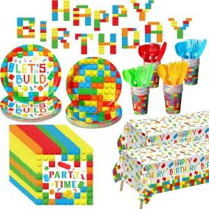 게조이 171개 빌딩 블록 생일 파티 용품 식기 키트 포함 접시 컵 나이프 포크 스푼 냅킨 식탁보 배너 여아
