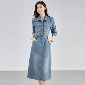 여성원피스 봄가을 빈티지 워싱 데님 순면 터틀넥 원피스 롱 스커트 심쿵돌직구