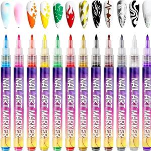 페인팅 네일용 12가지 색상 아트 펜 세트 0.7mm 파인 팁 마커 도트 드로잉 라이너용 3D 폴리쉬 퀵 드라이