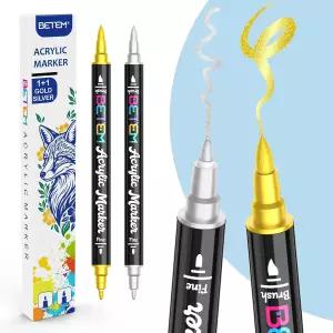 베템 골드 실버 아크릴 페인트 펜 2팩 듀얼 팁 메탈릭 마커 파인 브러시 블랙 페이퍼 스크랩북 사진 앨범