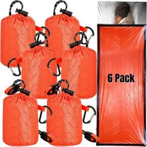 노아무스 6팩 비상 생존 침낭 보온용 비비 자루 담요 휘슬이 달린 가벼운 휴대용 나일론 캠핑 하이킹 야외