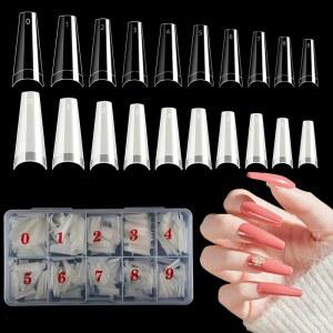 500개 코핀 댄서 네일 팁 아크릴 네일 인조 하프 네일 팁, 10가지 사이즈와 투명 플라스틱 박스