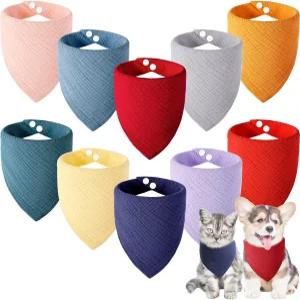 버니쿨 10개 머슬린 코튼 삼각형 반다나 리버서블 펫 턱수염 스카프 소형 및 중형 강아지 고양이용 두 스냅