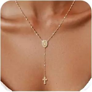 여성용 골드 성모 마리아 목걸이 - 14 000 도금 묵주 구슬 십자 저자극 논 타린 가톨릭 Y 체인 종교 십자가