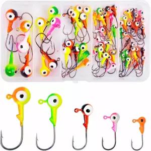 낚시 지그 헤드 후크 세트 55개 원형 볼 3D 페인팅 수영 미끼 월리 베이스 크래피 소금물 민물 태클 키트