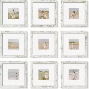 예스케이 8x8 액자 세트 9개 사진 갤러리 벽 매트가 있는 4x4 또는 없는 사각 콜라주 장식 디스트린 화이트