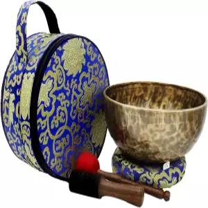 대형 티베트 노래 그릇 세트 - 10인치 손 망치 금속 합금 7개 2개 블루 실크 쿠션 및 캐리백 사운드 배스