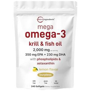 메가 -3 크릴 앤 피쉬 오일 2,000mg 상당, 소프트젤 240개 | 레몬 향 버플리스 지방산 & 아스타잔틴 EPA 350mg + DHA 230mg 심장 및 뇌 보충제