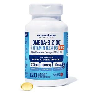 K2와 D3가 포함된 오션블루 프로페셔널 -3 2100 - EPA와 DHA가 트리플 스트렝스 버플리스 피쉬 오일 보충제 야생에서 잡은 오렌지 맛 120 미니 소프트젤