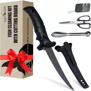 아쿠아네시아 낚시 나이프 세트 4개 보트 물고기 청소 키트 스테인리스 스틸 스케일러 핀 가위 및 샤프너