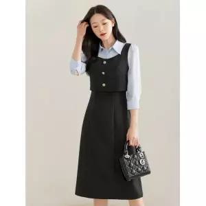 시크라인 (~XXL까지) 즈온 셔츠 배색 레이어드 원피스 봄 가을 A라인 하객룩 오피스룩 모임룩 격식룩 빅사