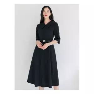 어성봄옷 [시크라인](~XXL까지) 플랫 카라 큐빅 벨트 플레어 원피스 봄 가을 하객룩 오피스룩 데이트 모임