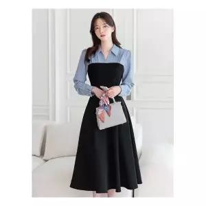 봄코디 [시크라인](~XXL까지) 네이비 셔링 오픈카라 벨트 플레어 원피스 봄,가을 하객룩 오피스룩 격식룩