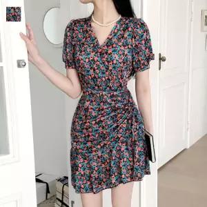 [리빌모아]여자 꽃무늬 브이넥 셔링 퍼프 반팔 원피스 DHTW-OPH-SN2386080