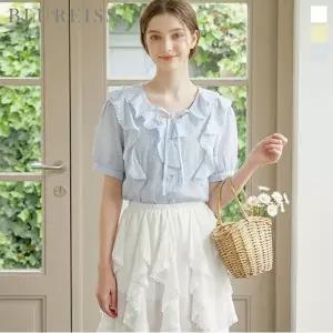 [블루레이스] 자수 프릴 리본 블라우스_B6M1BL5821