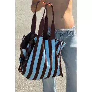 ZARA 100% 코튼 스트라이프 맥시 백 - 블루